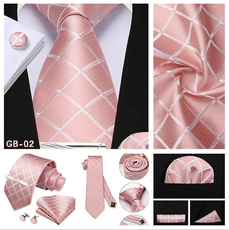 Classic Men’s 100% Silk Woven Tie Set – Plaid Necktie, Pocket Square & Tie Clip