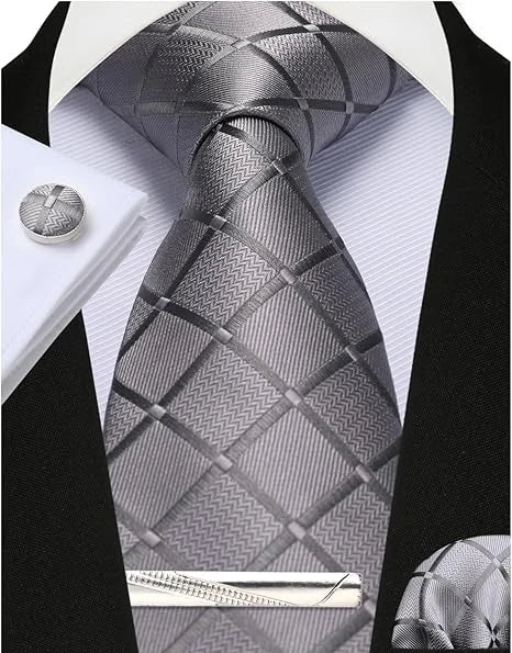 Classic Men’s 100% Silk Woven Tie Set – Plaid Necktie, Pocket Square & Tie Clip