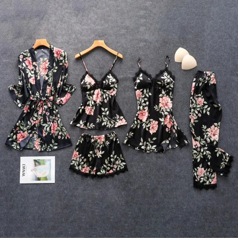 Women’s 5-Piece Sexy Pajama Set – Satin Lingerie with Chest Pad & Matching Bathrobe
