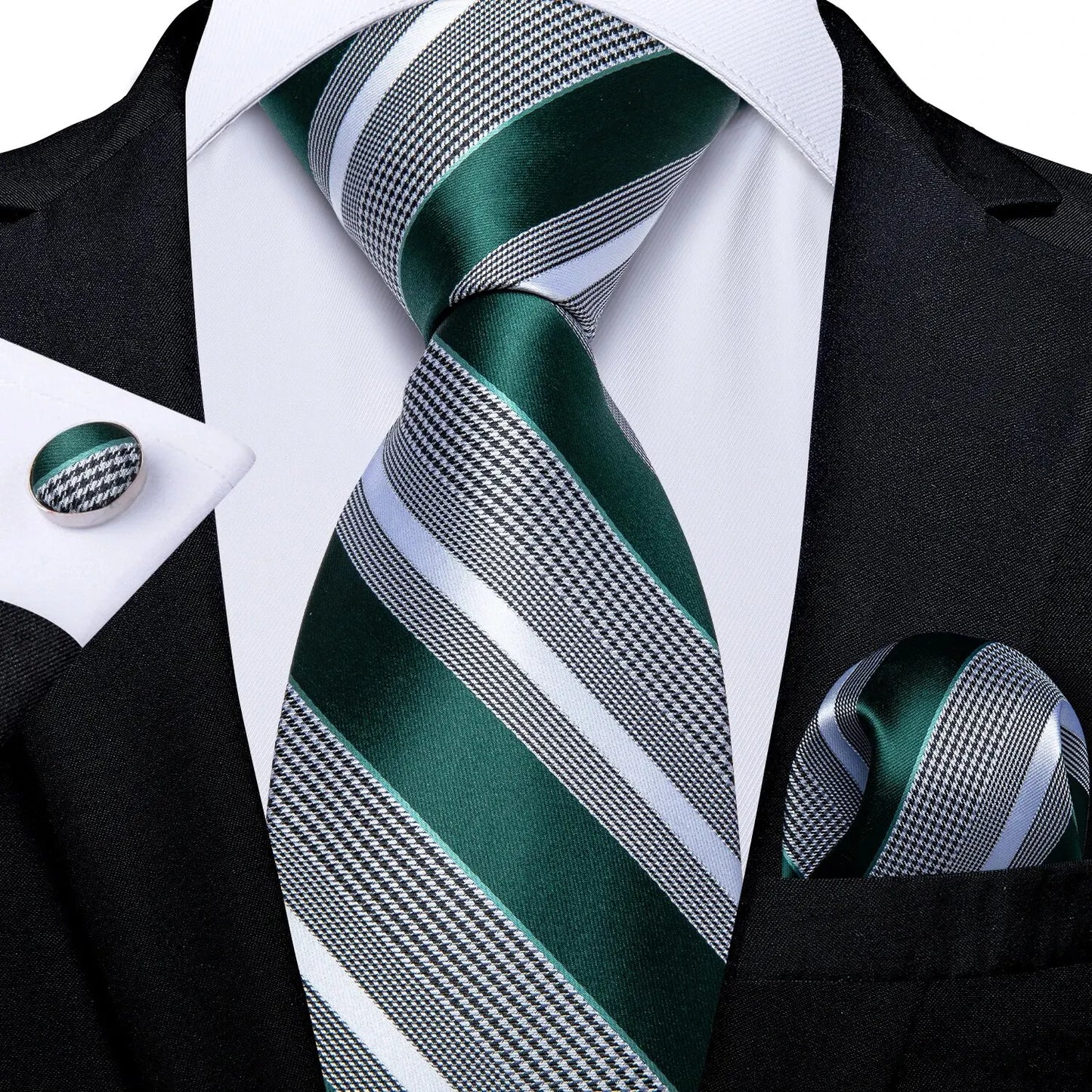 Men’s Luxury Blue Striped Tie Set – 8cm Necktie with Matching Pocket Square & Cufflinks