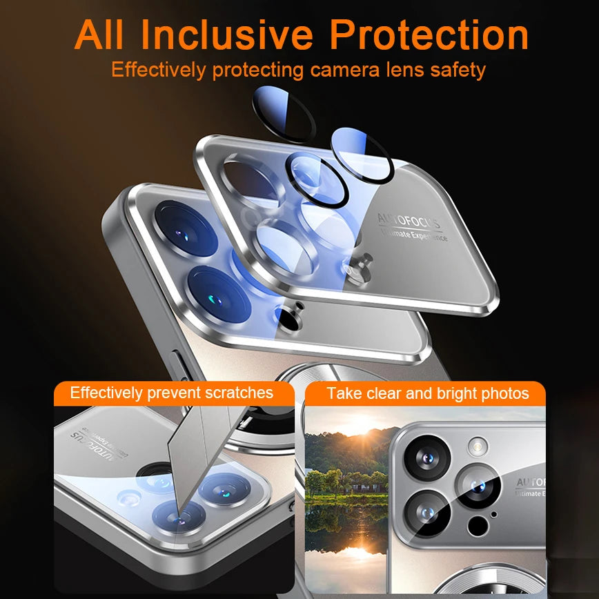 Luxury Titanium Metallic Magnetic Case for iPhone (MagSafe Compatible) – Shockproof Full Camera Lens Protection & Wireless Charging Cover