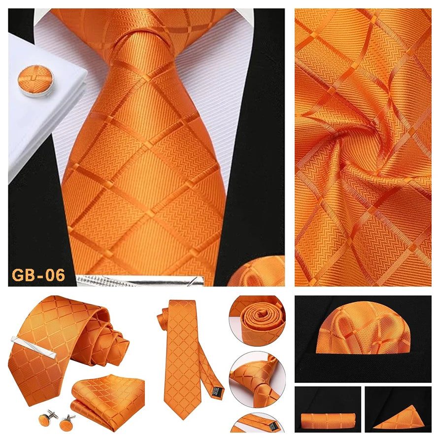 Classic Men’s 100% Silk Woven Tie Set – Plaid Necktie, Pocket Square & Tie Clip