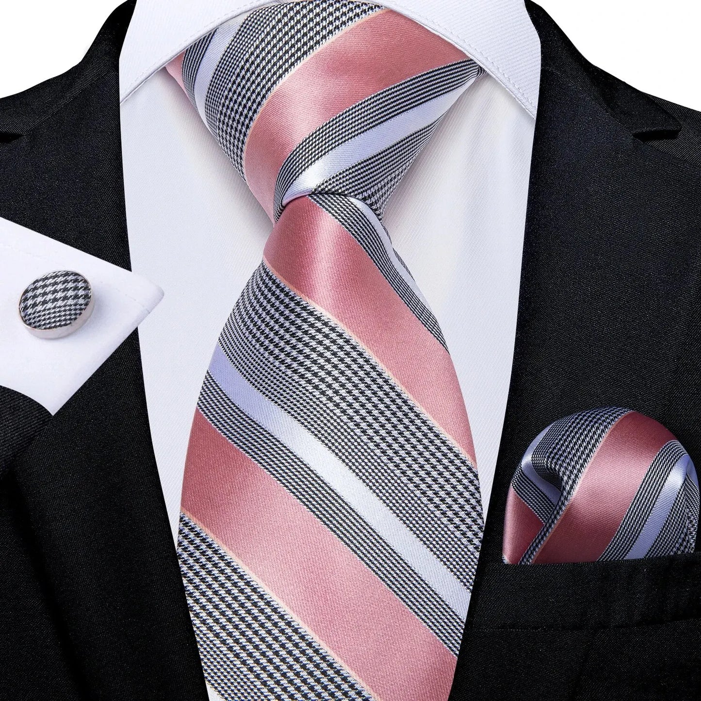 Men’s Luxury Blue Striped Tie Set – 8cm Necktie with Matching Pocket Square & Cufflinks