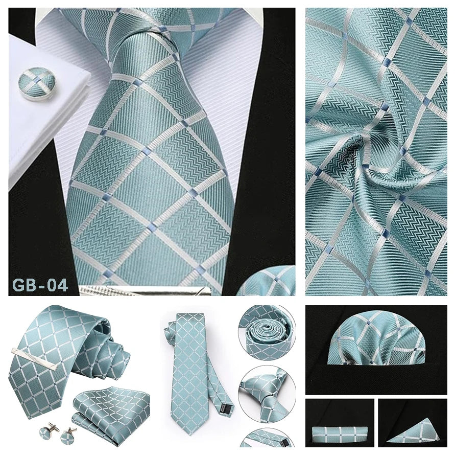 Classic Men’s 100% Silk Woven Tie Set – Plaid Necktie, Pocket Square & Tie Clip