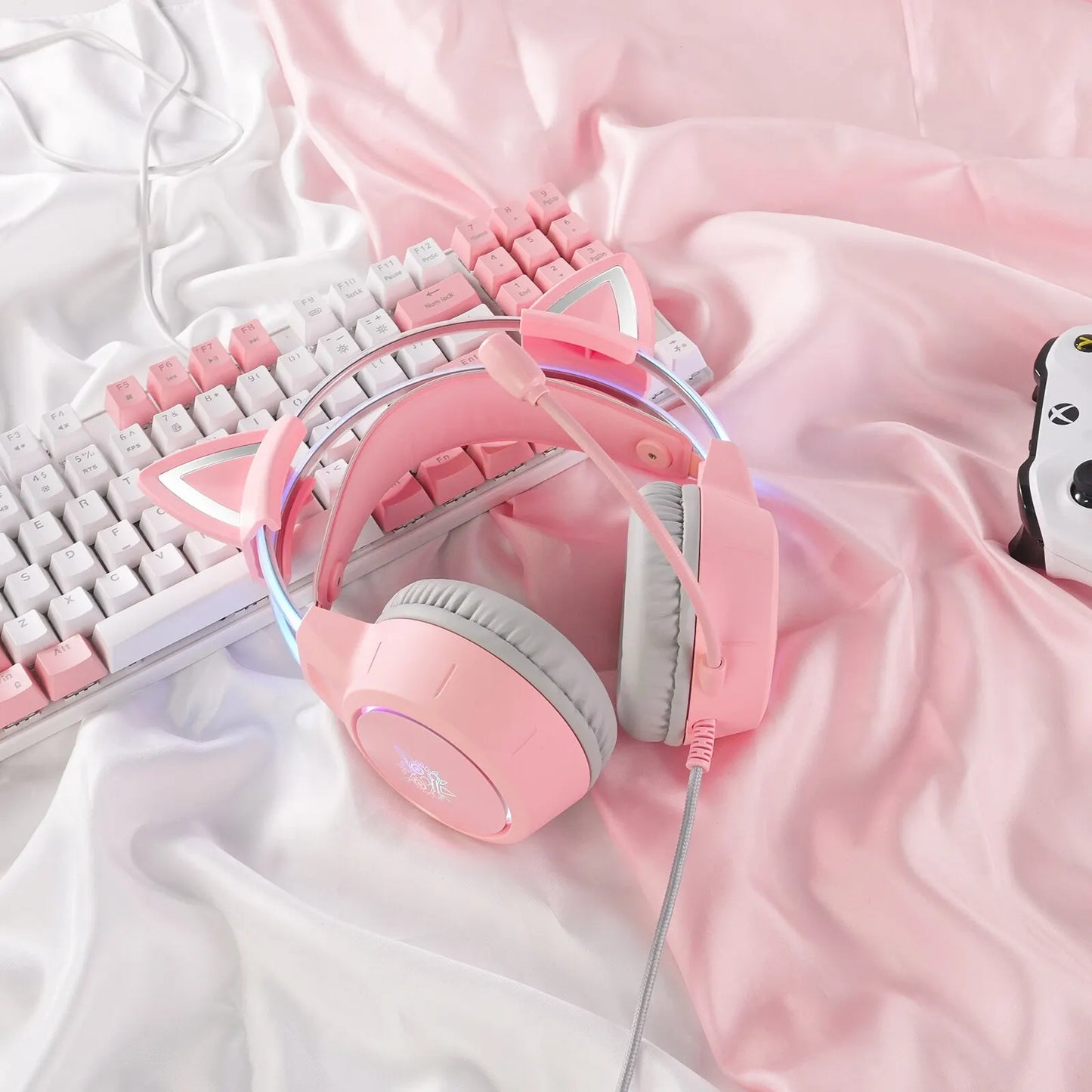 ONIKUMA X15 Pro RGB Gaming Headset – Wired Over-Ear Headphones with Pink Cat Ears & Noise-Cancelling Mic for PC & PS4