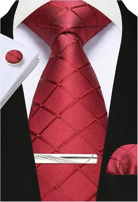 Classic Men’s 100% Silk Woven Tie Set – Plaid Necktie, Pocket Square & Tie Clip