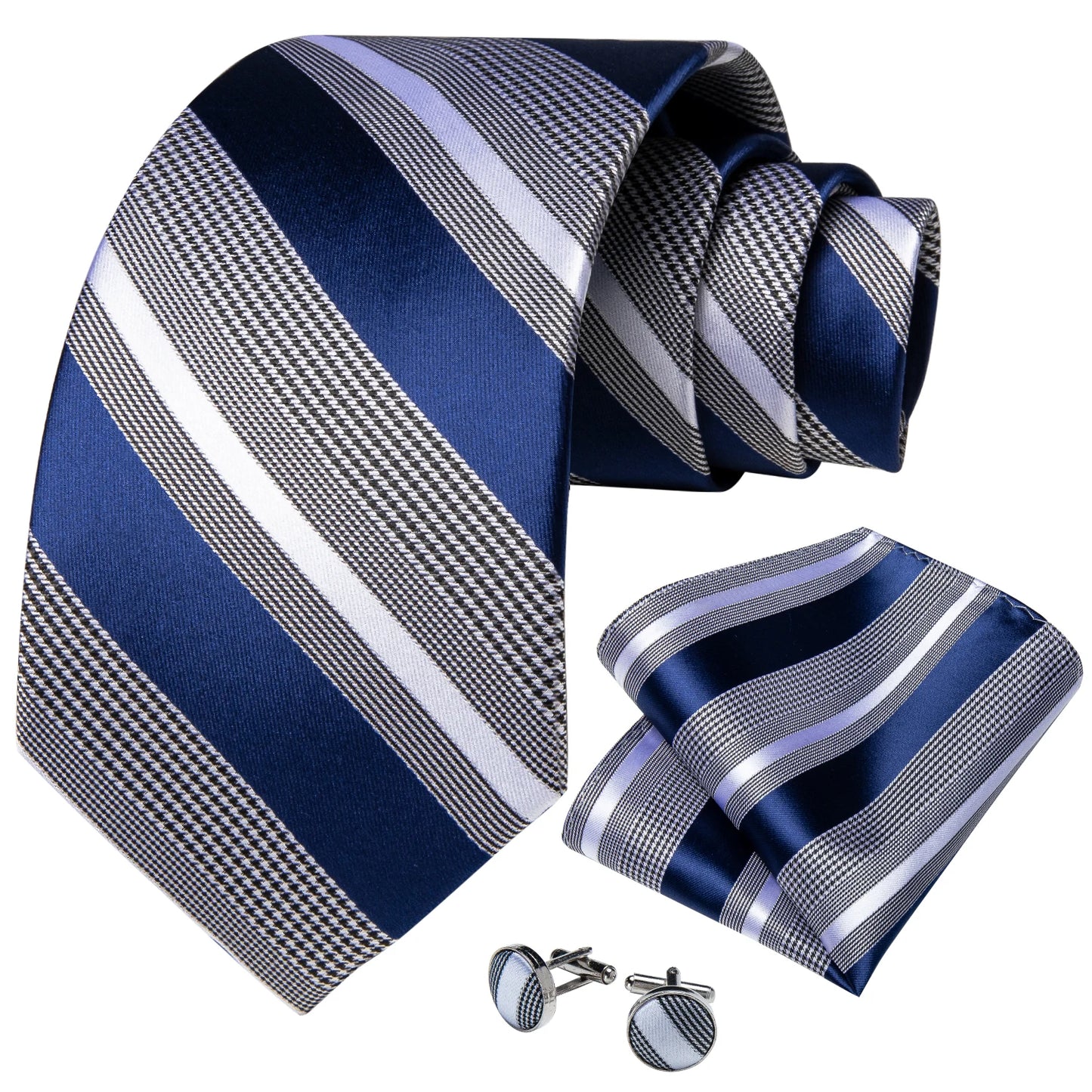 Men’s Luxury Blue Striped Tie Set – 8cm Necktie with Matching Pocket Square & Cufflinks