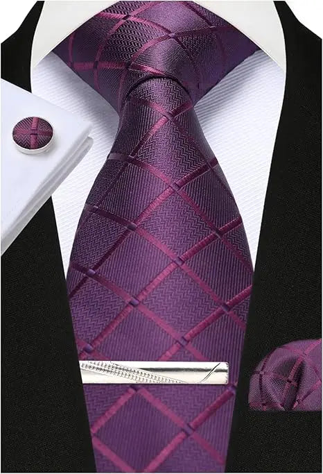 Classic Men’s 100% Silk Woven Tie Set – Plaid Necktie, Pocket Square & Tie Clip