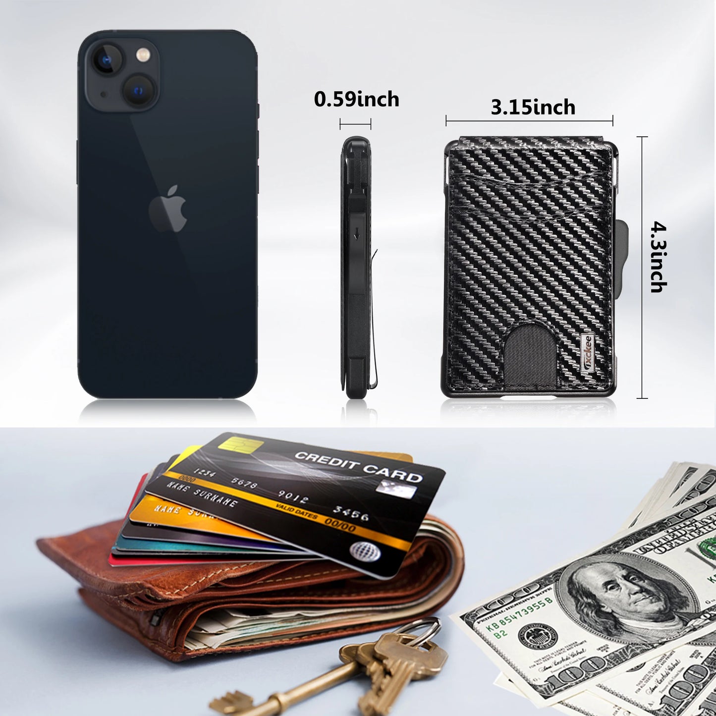 Minimalist Smart Wallet for Men: RFID Blocking Pop-Up Card Holder, Slim Carbon Fiber Leather Bifold with Money Clip & ID Window (Holds 9-13 Cards)