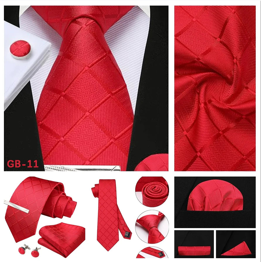 Classic Men’s 100% Silk Woven Tie Set – Plaid Necktie, Pocket Square & Tie Clip