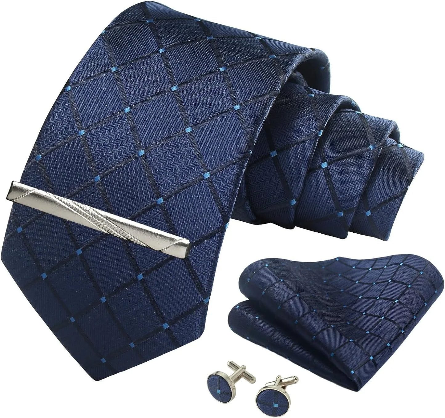 Classic Men’s 100% Silk Woven Tie Set – Plaid Necktie, Pocket Square & Tie Clip