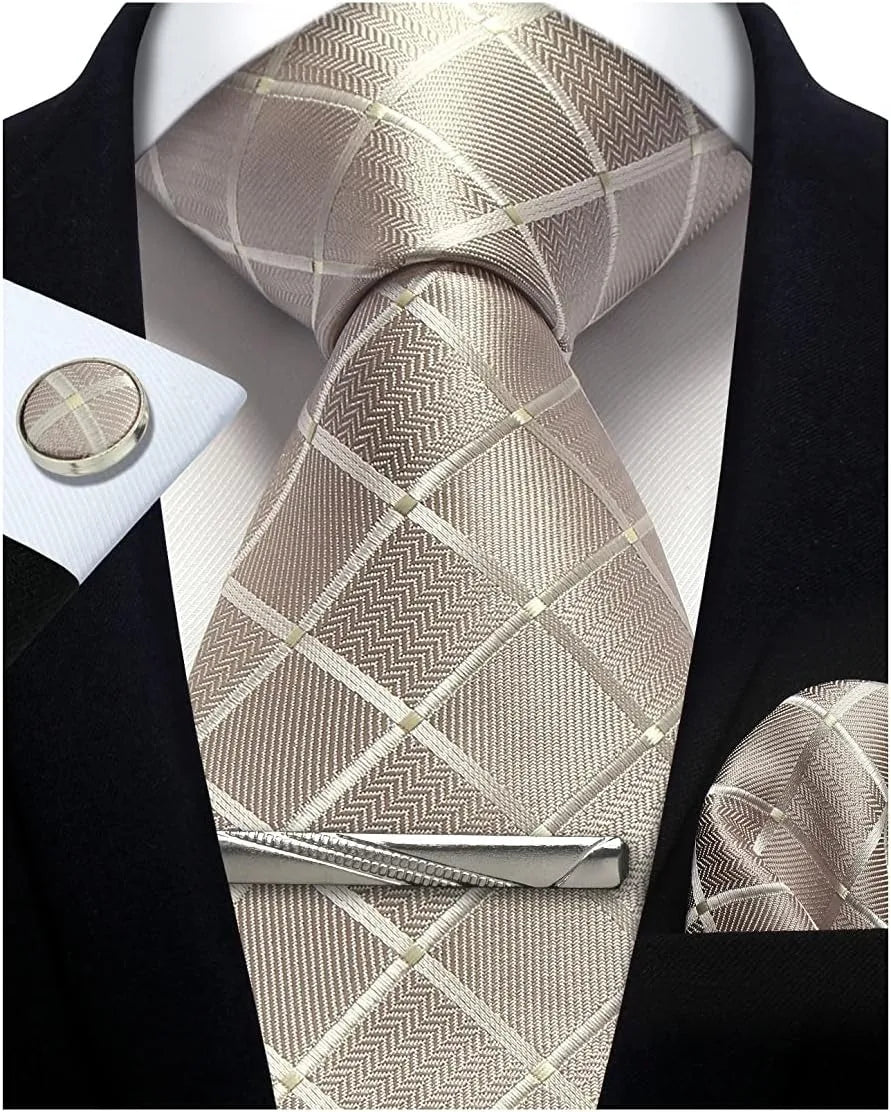 Classic Men’s 100% Silk Woven Tie Set – Plaid Necktie, Pocket Square & Tie Clip