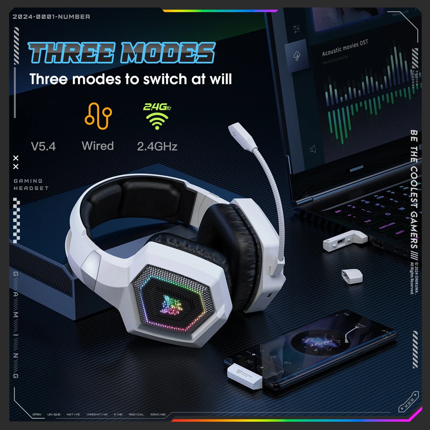 ONIKUMA Pro Tri-Mode Gaming Headset – 2.4GHz Wireless & Bluetooth 5.3, Detachable Mic, Multi-Platform Compatible