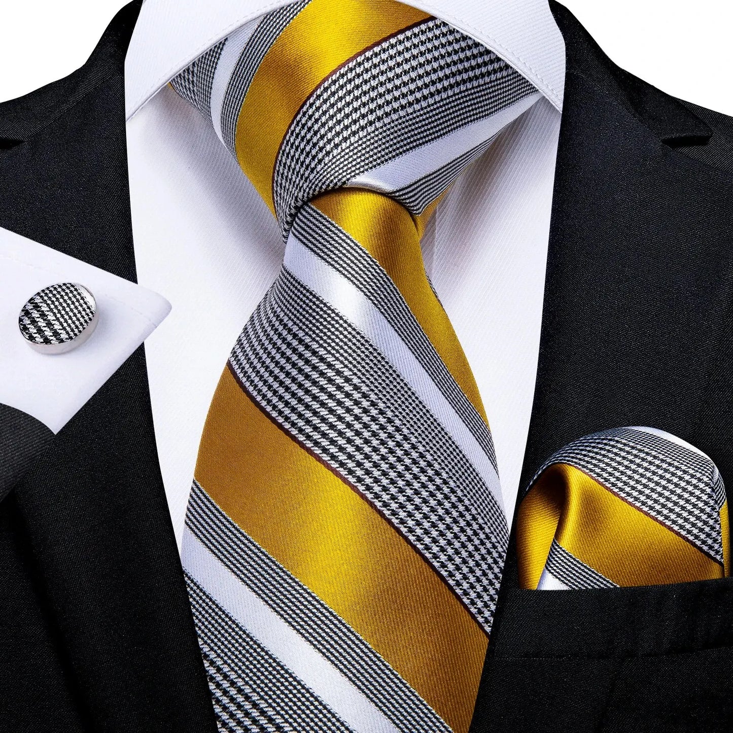 Men’s Luxury Blue Striped Tie Set – 8cm Necktie with Matching Pocket Square & Cufflinks