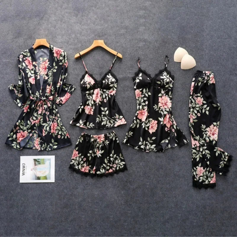 Women’s 5-Piece Sexy Pajama Set – Satin Lingerie with Chest Pad & Matching Bathrobe