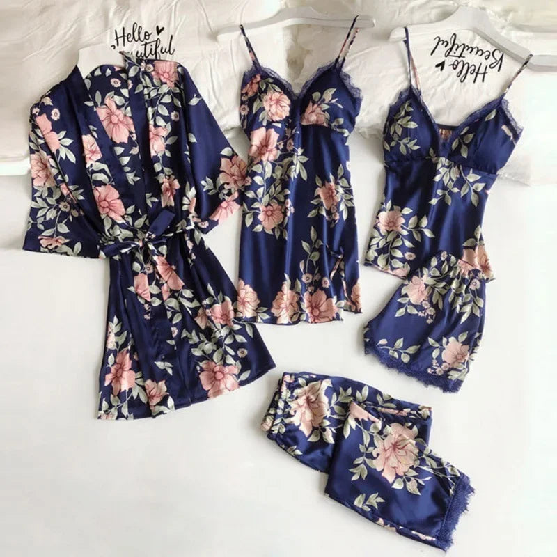 Women’s 5-Piece Sexy Pajama Set – Satin Lingerie with Chest Pad & Matching Bathrobe
