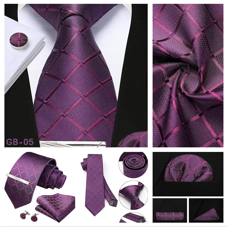 Classic Men’s 100% Silk Woven Tie Set – Plaid Necktie, Pocket Square & Tie Clip
