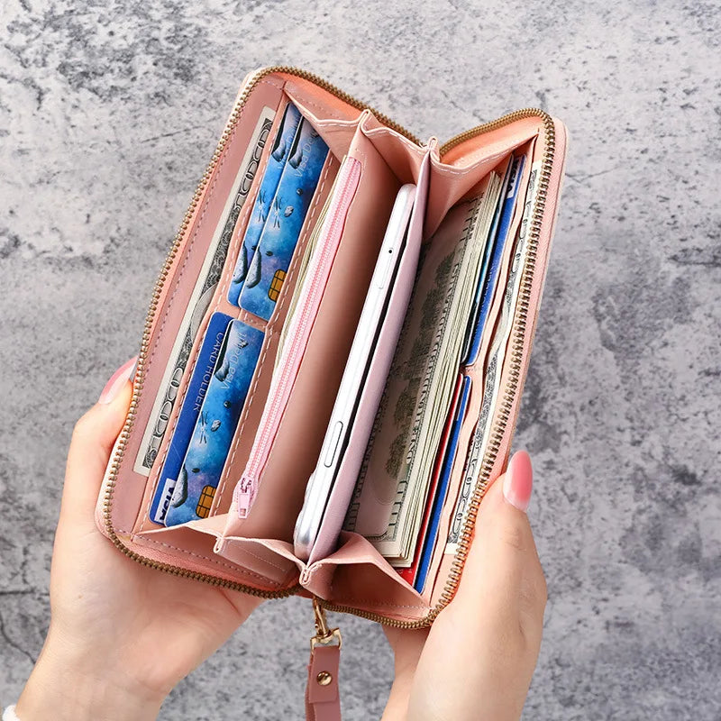 Long Wallet Tote for Women – PU Leather Zipper Wallet with Chain Detail