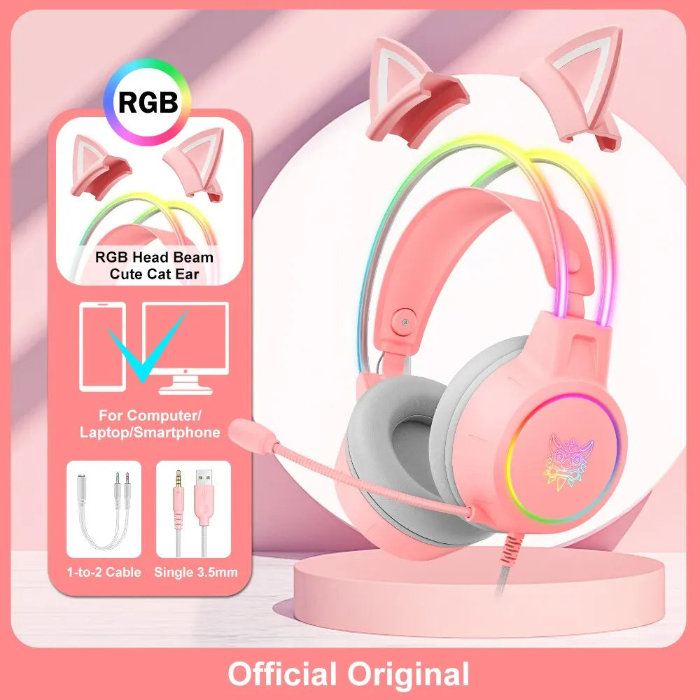ONIKUMA X15 Pro RGB Gaming Headset – Wired Over-Ear Headphones with Pink Cat Ears & Noise-Cancelling Mic for PC & PS4