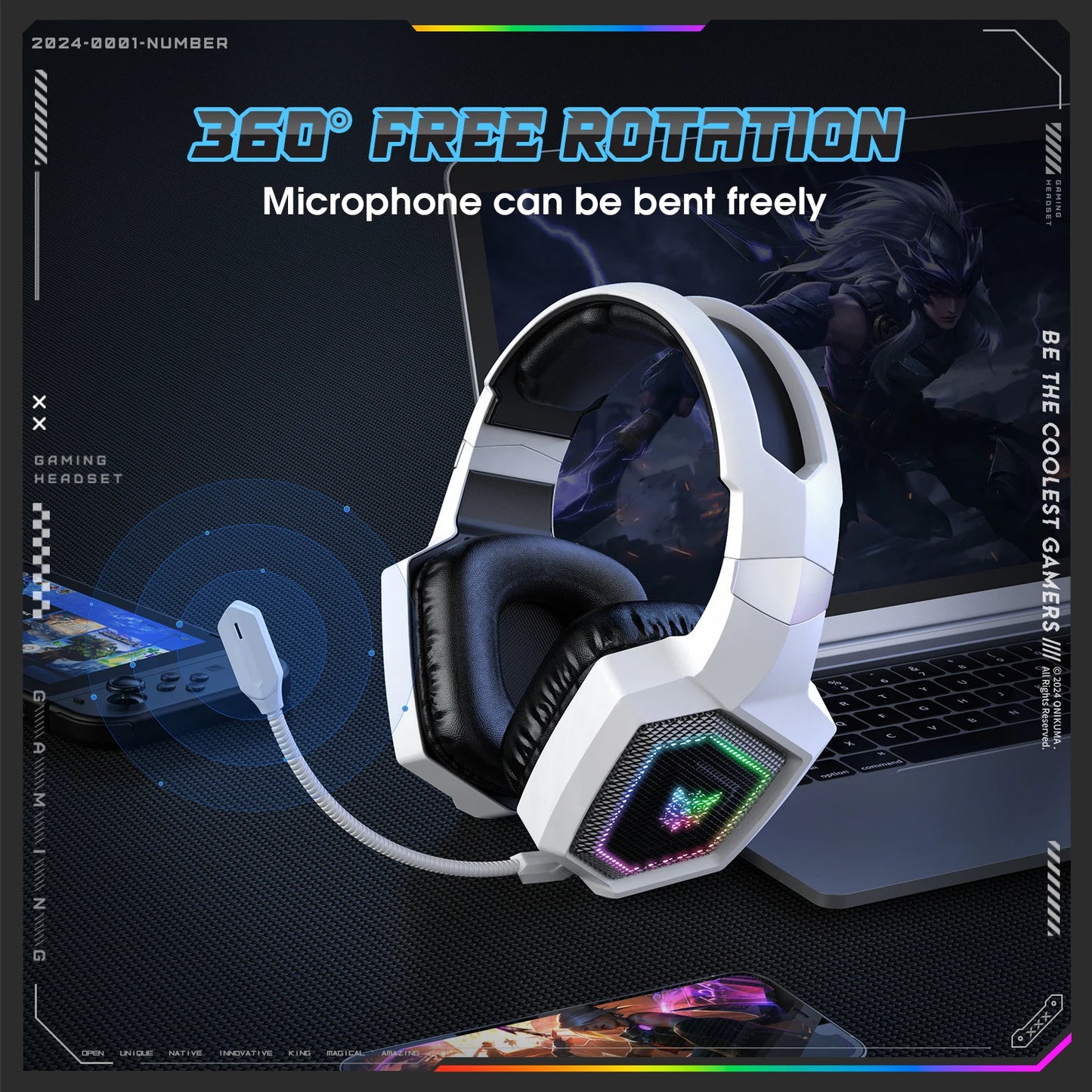 ONIKUMA GT806 Tri-Mode Wireless Gaming Headset with Detachable Noise-Cancelling Mic, RGB Lighting, 7.1 Surround Sound for PC, PS5, Mobile Devices