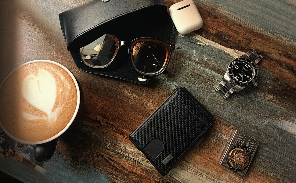Minimalist Smart Wallet for Men: RFID Blocking Pop-Up Card Holder, Slim Carbon Fiber Leather Bifold with Money Clip & ID Window (Holds 9-13 Cards)