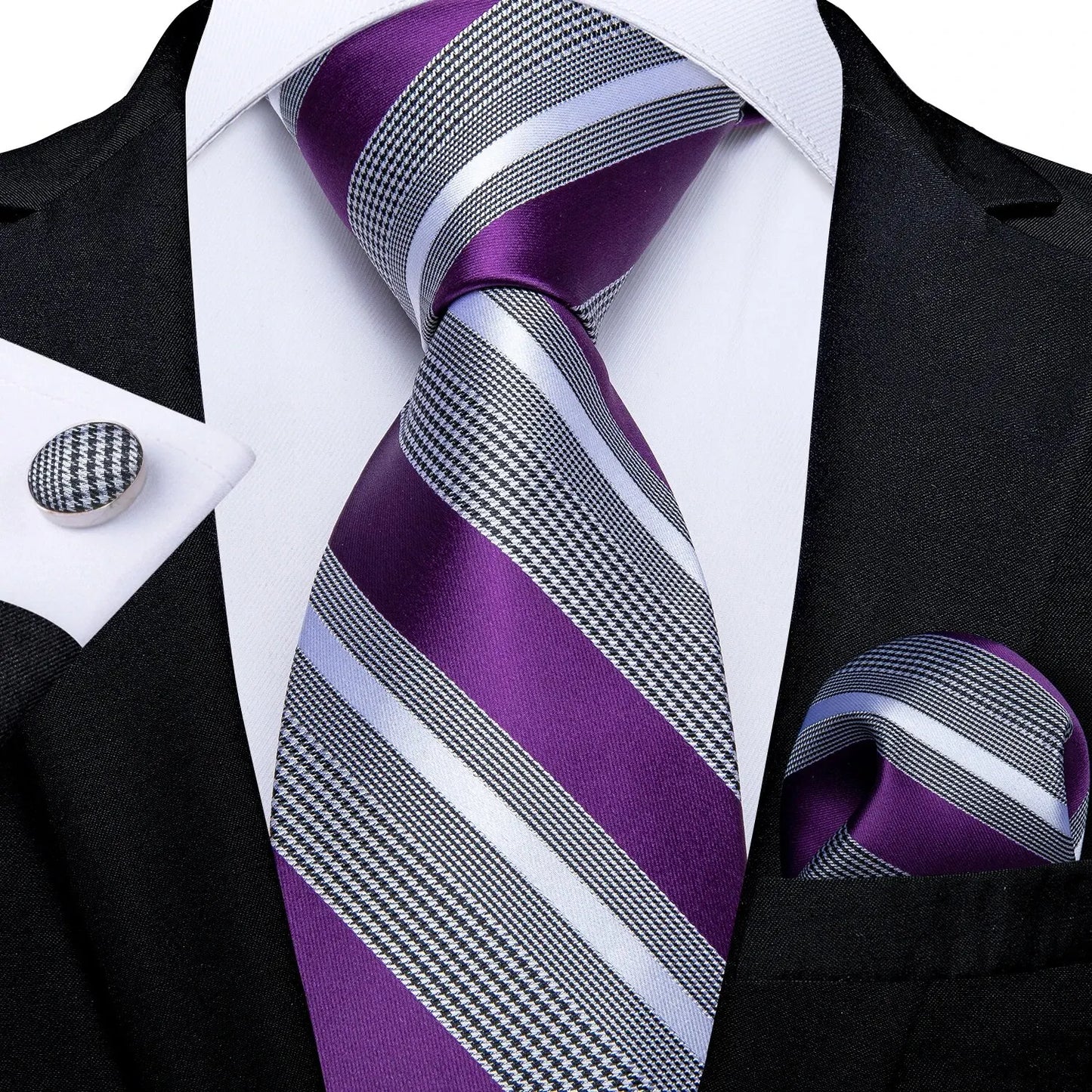 Men’s Luxury Blue Striped Tie Set – 8cm Necktie with Matching Pocket Square & Cufflinks