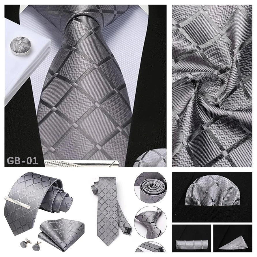 Classic Men’s 100% Silk Woven Tie Set – Plaid Necktie, Pocket Square & Tie Clip