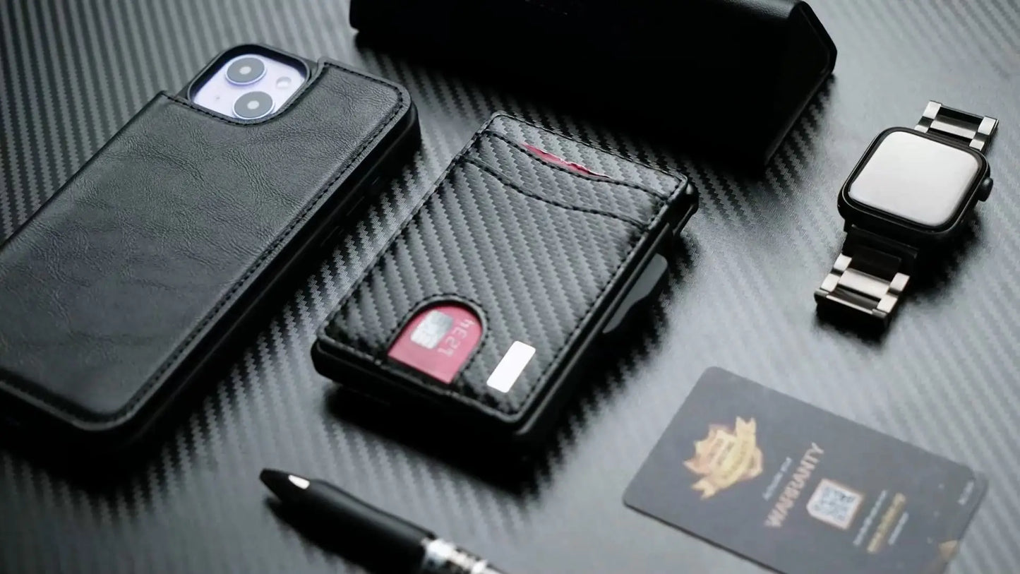 Minimalist Smart Wallet for Men: RFID Blocking Pop-Up Card Holder, Slim Carbon Fiber Leather Bifold with Money Clip & ID Window (Holds 9-13 Cards)