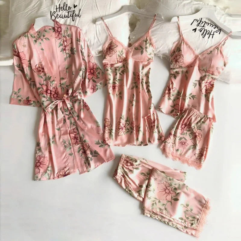 Women’s 5-Piece Sexy Pajama Set – Satin Lingerie with Chest Pad & Matching Bathrobe