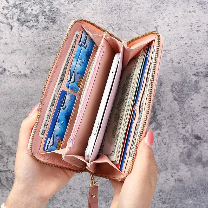 Long Wallet Tote for Women – PU Leather Zipper Wallet with Chain Detail