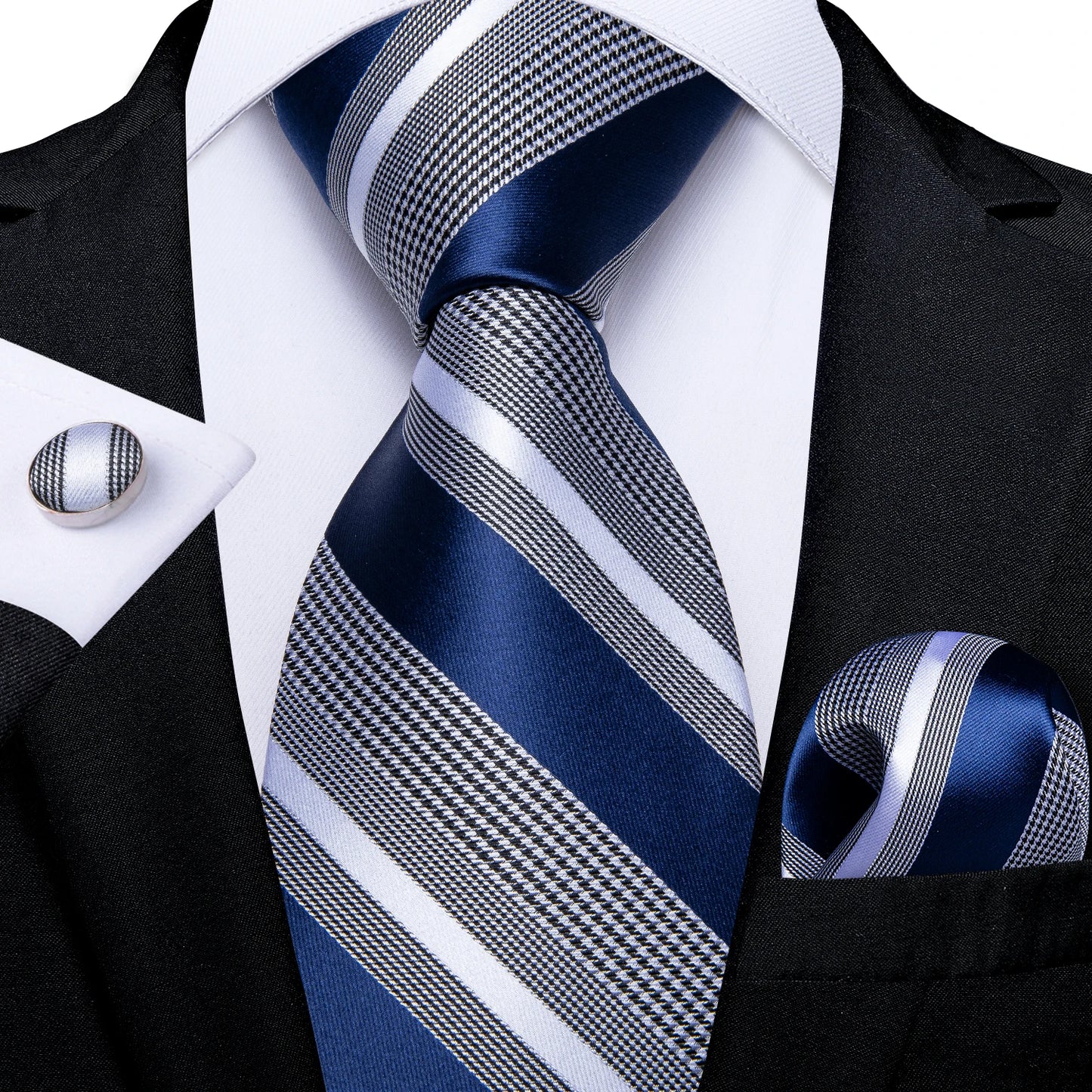 Men’s Luxury Blue Striped Tie Set – 8cm Necktie with Matching Pocket Square & Cufflinks