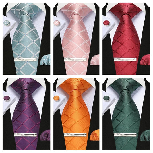 Classic Men’s 100% Silk Woven Tie Set – Plaid Necktie, Pocket Square & Tie Clip