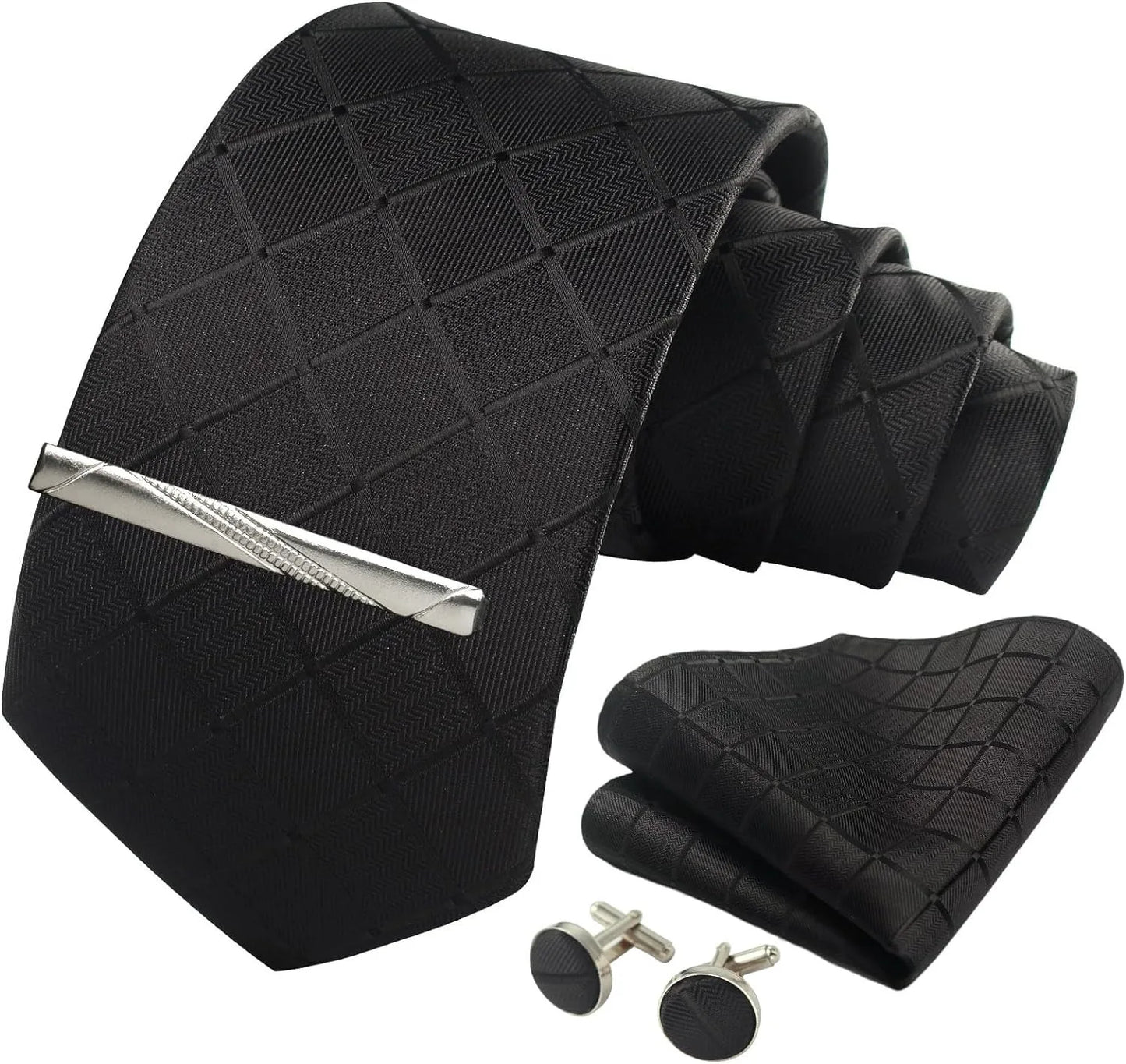 Classic Men’s 100% Silk Woven Tie Set – Plaid Necktie, Pocket Square & Tie Clip