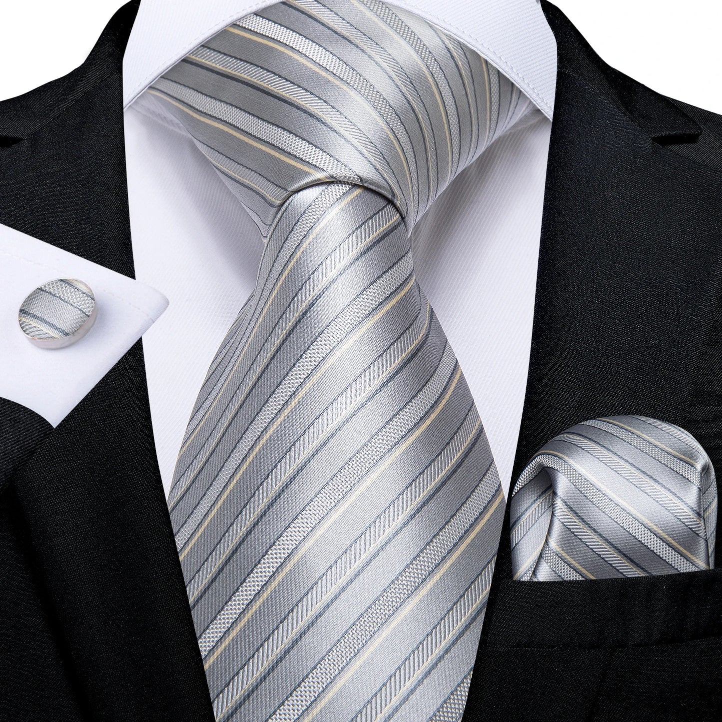 Men’s Luxury Blue Striped Tie Set – 8cm Necktie with Matching Pocket Square & Cufflinks