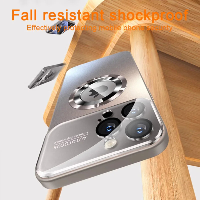 Luxury Titanium Metallic Magnetic Case for iPhone (MagSafe Compatible) – Shockproof Full Camera Lens Protection & Wireless Charging Cover