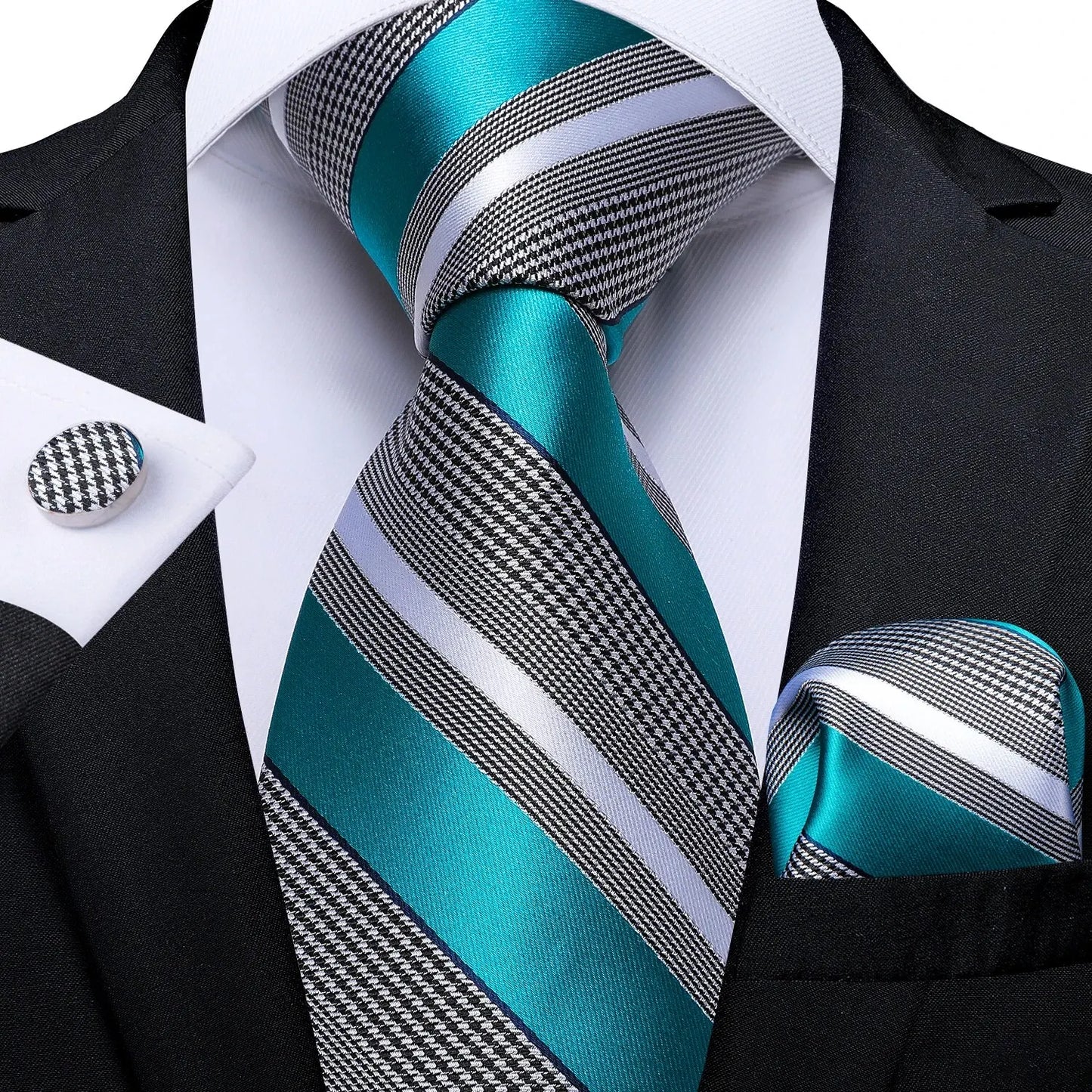 Men’s Luxury Blue Striped Tie Set – 8cm Necktie with Matching Pocket Square & Cufflinks