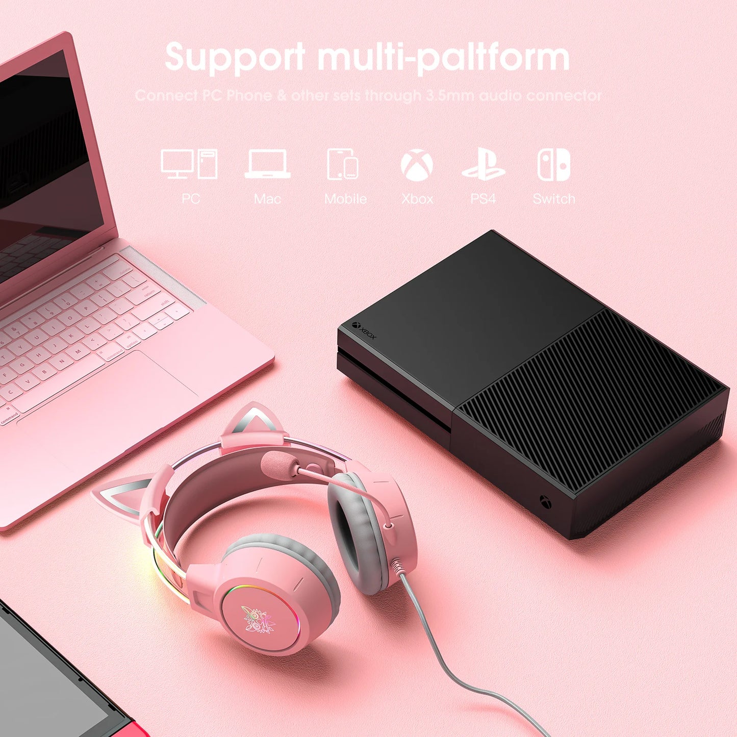 ONIKUMA X15 Pro RGB Gaming Headset – Wired Over-Ear Headphones with Pink Cat Ears & Noise-Cancelling Mic for PC & PS4