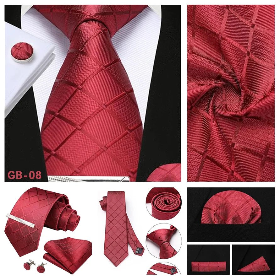 Classic Men’s 100% Silk Woven Tie Set – Plaid Necktie, Pocket Square & Tie Clip