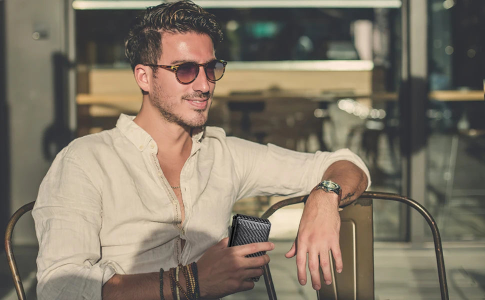 Minimalist Smart Wallet for Men: RFID Blocking Pop-Up Card Holder, Slim Carbon Fiber Leather Bifold with Money Clip & ID Window (Holds 9-13 Cards)