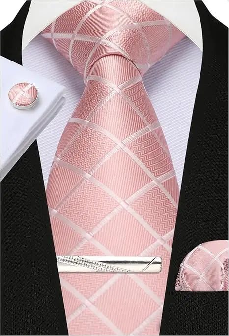 Classic Men’s 100% Silk Woven Tie Set – Plaid Necktie, Pocket Square & Tie Clip