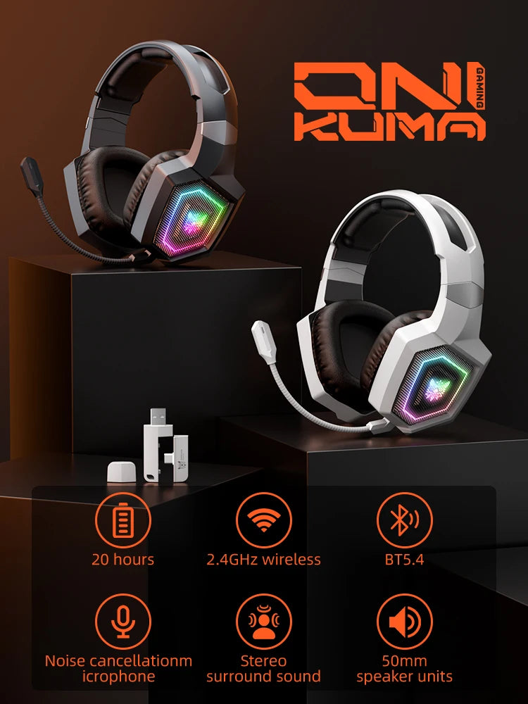 ONIKUMA Pro Tri-Mode Gaming Headset – 2.4GHz Wireless & Bluetooth 5.3, Detachable Mic, Multi-Platform Compatible