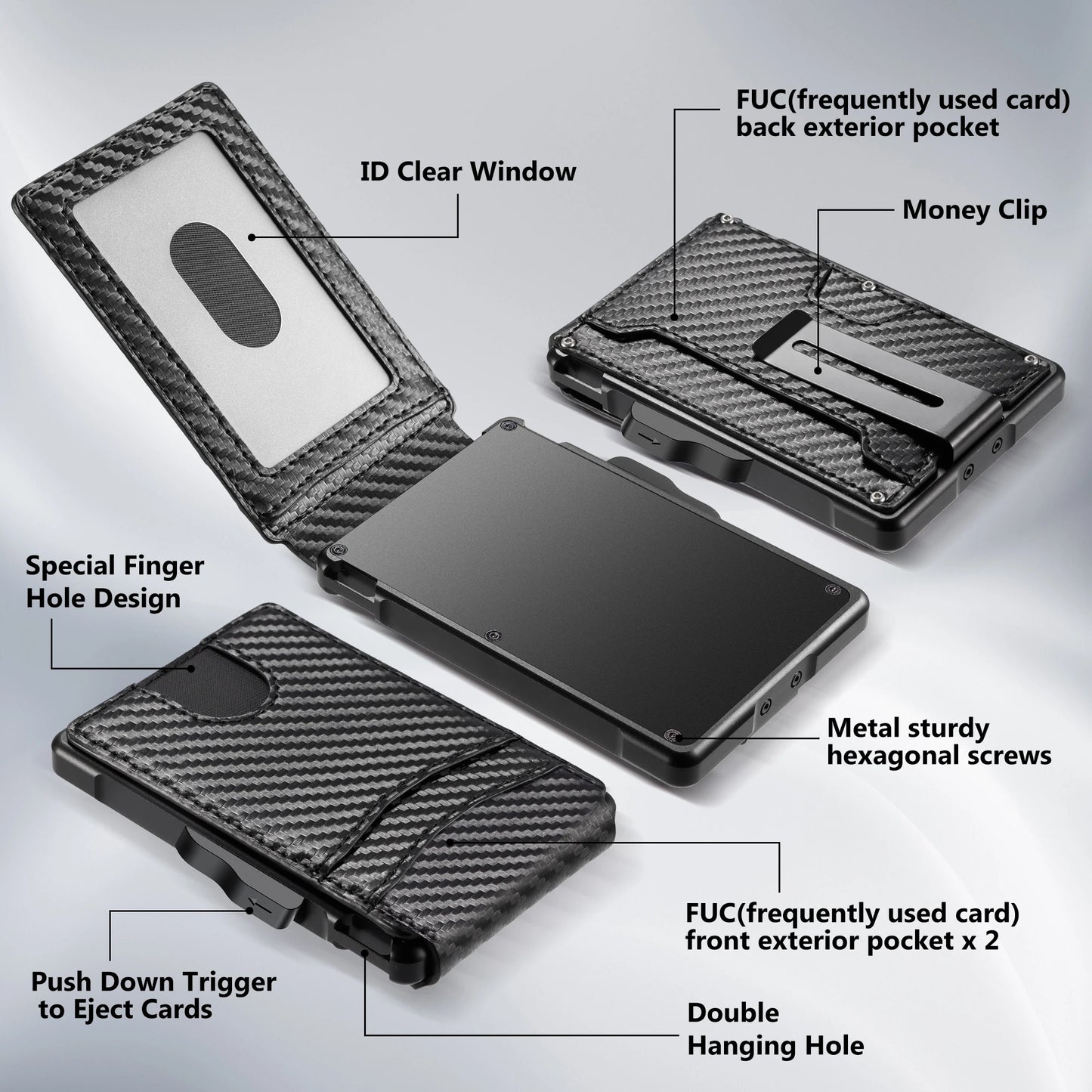 Minimalist Smart Wallet for Men: RFID Blocking Pop-Up Card Holder, Slim Carbon Fiber Leather Bifold with Money Clip & ID Window (Holds 9-13 Cards)