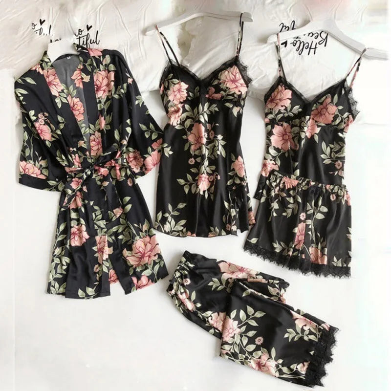 Women’s 5-Piece Sexy Pajama Set – Satin Lingerie with Chest Pad & Matching Bathrobe