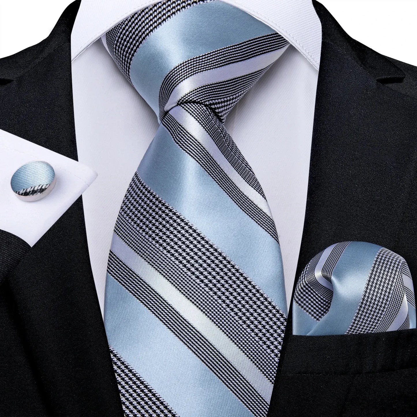 Men’s Luxury Blue Striped Tie Set – 8cm Necktie with Matching Pocket Square & Cufflinks