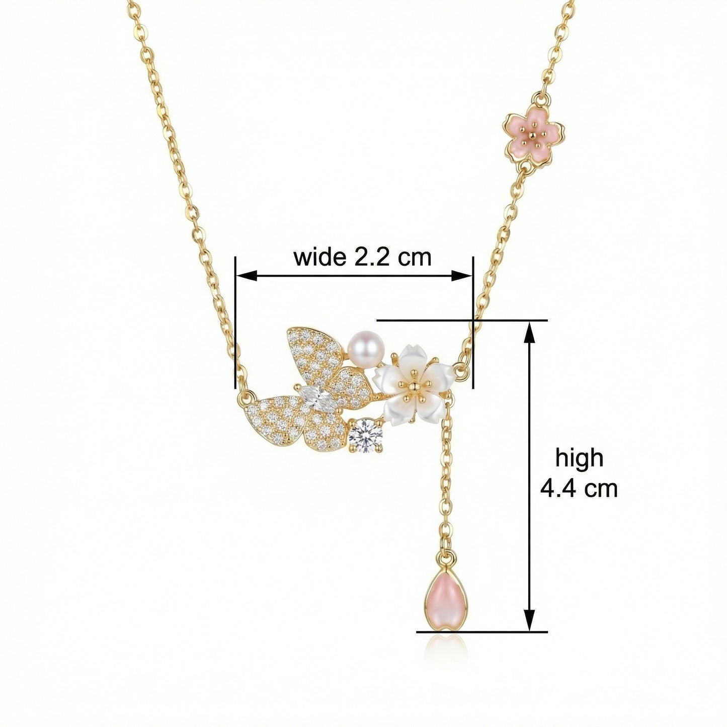 925 Sterling Silver Enchanting Butterfly and Cherry Blossom Necklace with Pearl and Pink Petal Drop