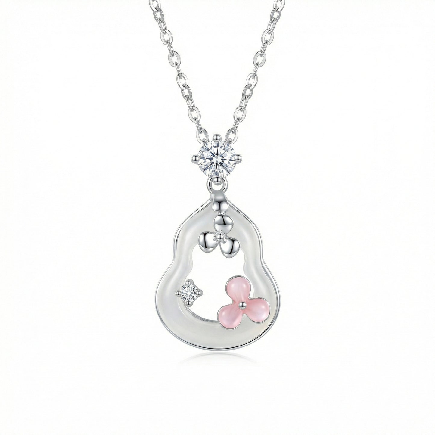 925 Sterling Silver Elegant Silver Gourd Pendant Necklace with Pink Floral and Crystal Accents