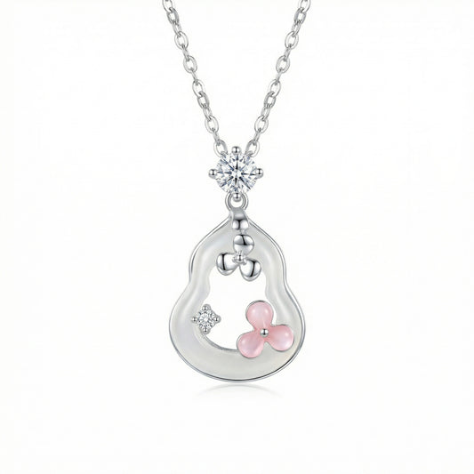 925 Sterling Silver Elegant Silver Gourd Pendant Necklace with Pink Floral and Crystal Accents