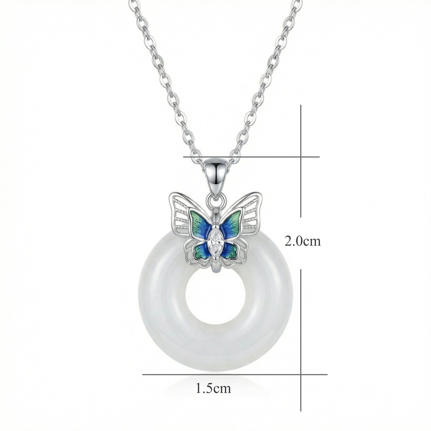 925 Sterling Silver Elegant Sterling Silver Butterfly and White Jade Donut Pendant Necklace