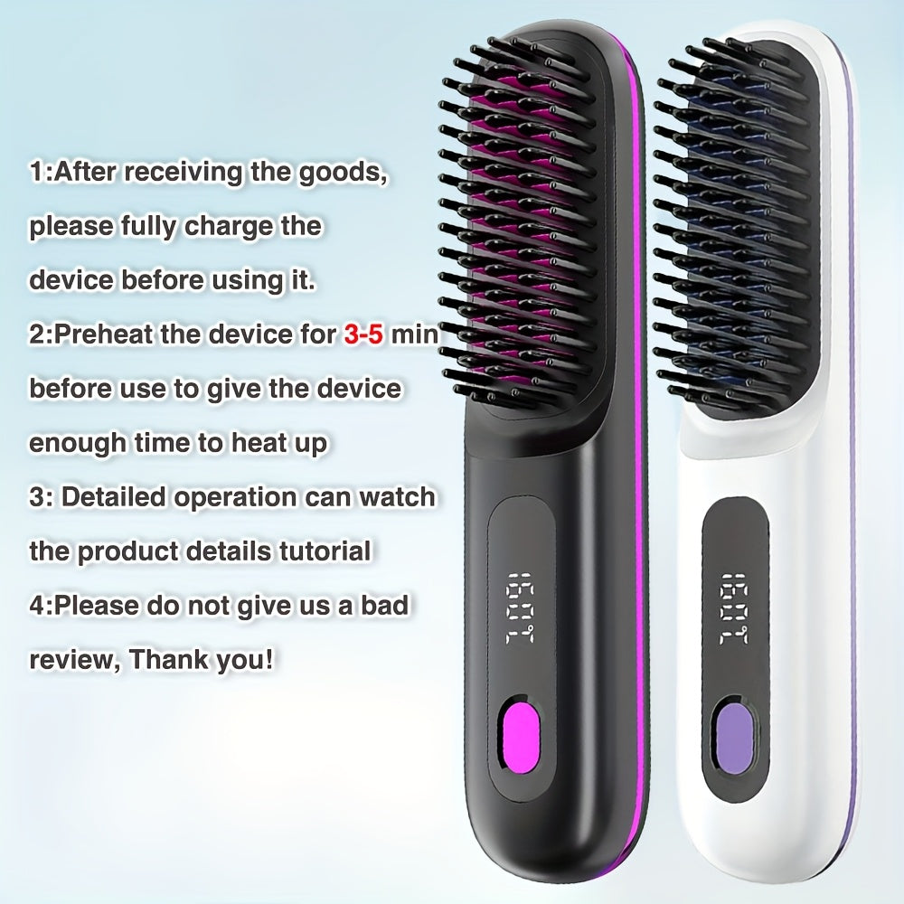Cordless Hair Straightener Brush: Rapid Heating, USB Rechargeable Hot Comb for Women