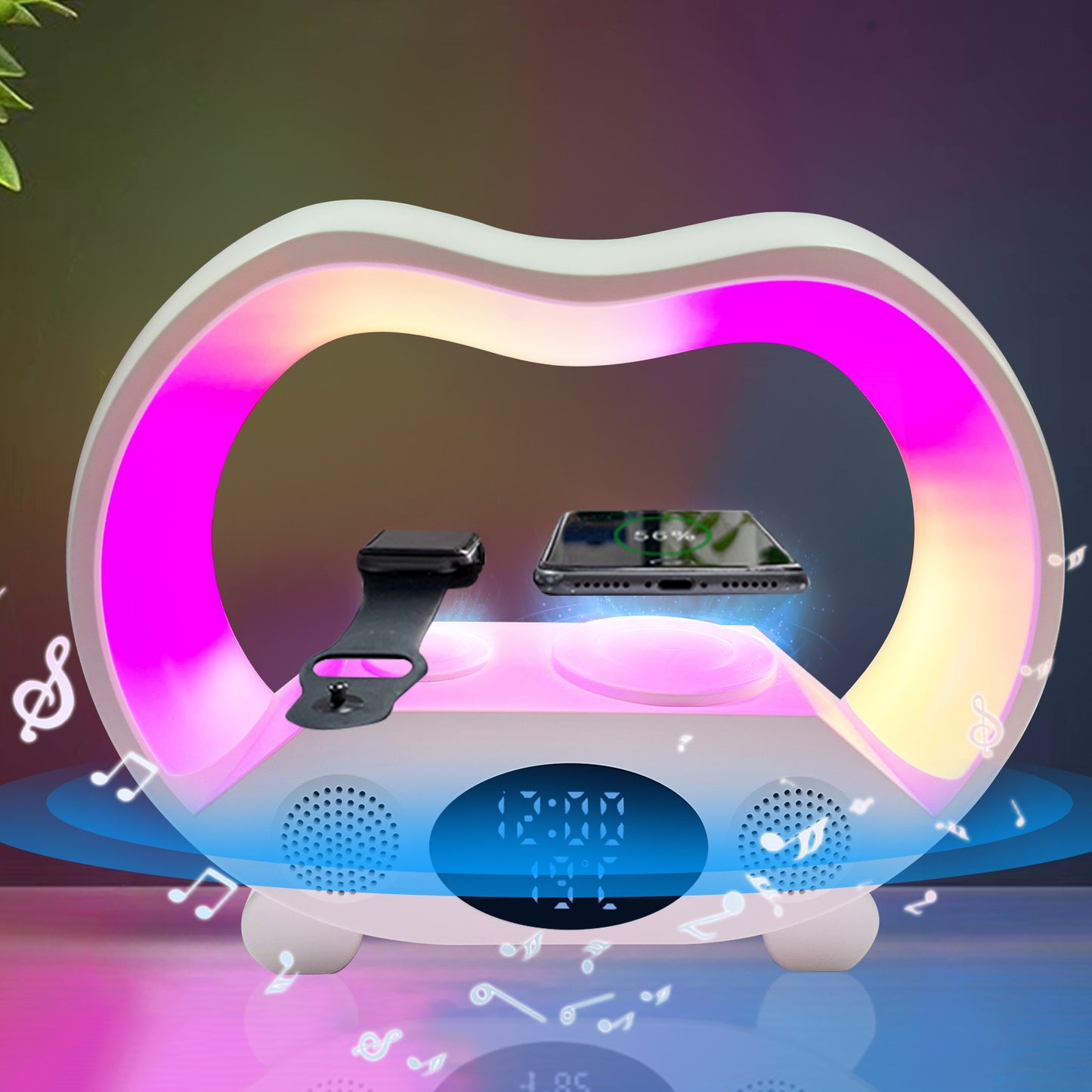 6-in-1 Intelligent LED Table Lamp with Bluetooth Speaker, Wireless Charger, & Smart Remote Control – RGB Night Light, Alarm Clock, Time & Temperature Display